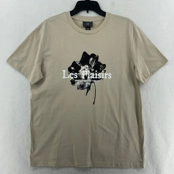 H&M T-Shirt Men's Sz M Beige Les Plaisirs Graphic Round Neck Regular Lightweight - Picture 1 of 12